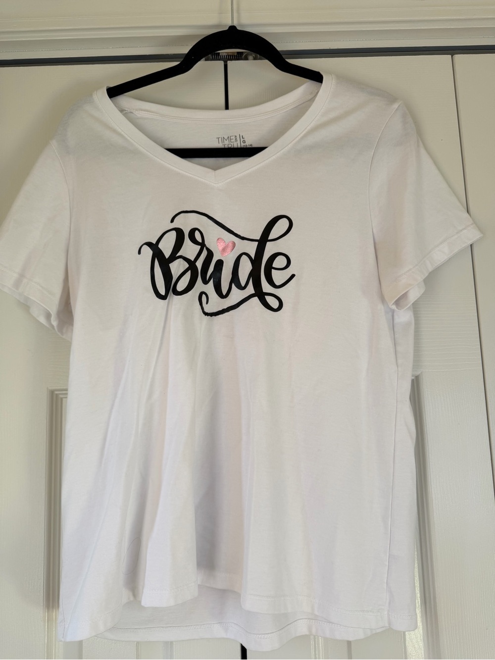 Time and Tru White V‑Neck Tee with Black Script